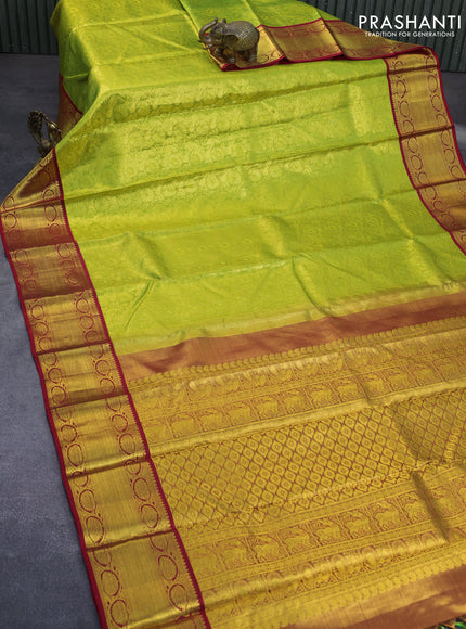 Pure kanchipuram tissue silk saree lime green and red with allover zari woven brocade weaves and zari woven border