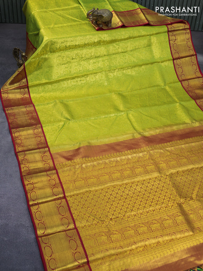 Pure kanchipuram tissue silk saree lime green and red with allover zari woven brocade weaves and zari woven border