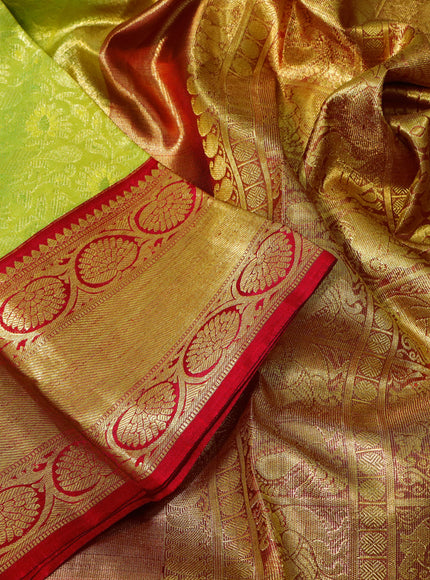 Pure kanchipuram tissue silk saree lime green and red with allover zari woven brocade weaves and zari woven border