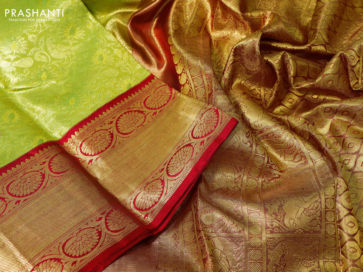 Pure kanchipuram tissue silk saree lime green and red with allover zari woven brocade weaves and zari woven border