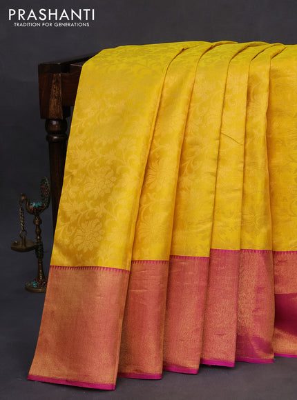 Pure kanchipuram tissue silk saree lime yellow and pink with allover zari woven brocade weaves and zari woven border