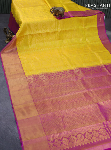 Pure kanchipuram tissue silk saree lime yellow and pink with allover zari woven brocade weaves and zari woven border