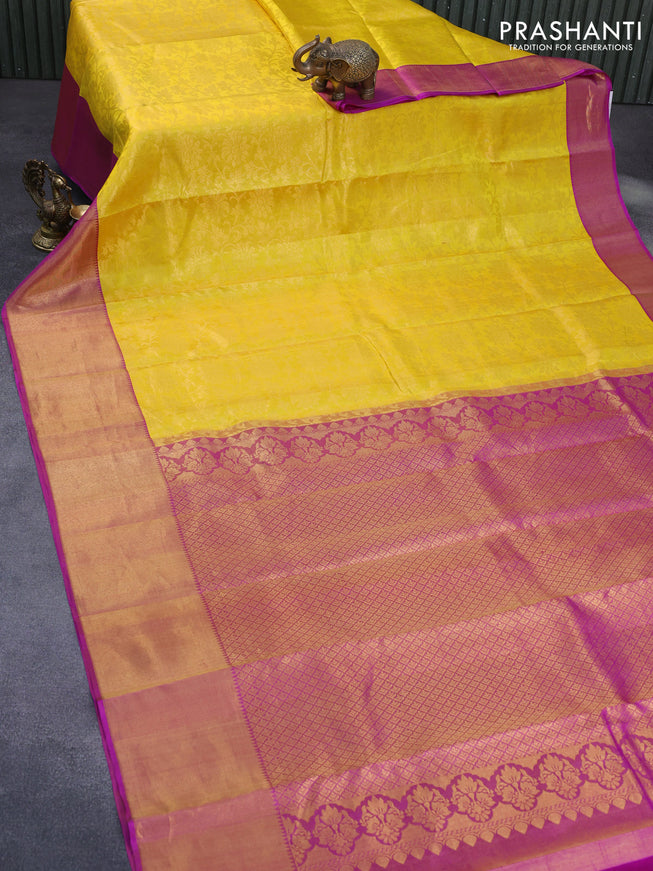 Pure kanchipuram tissue silk saree lime yellow and pink with allover zari woven brocade weaves and zari woven border