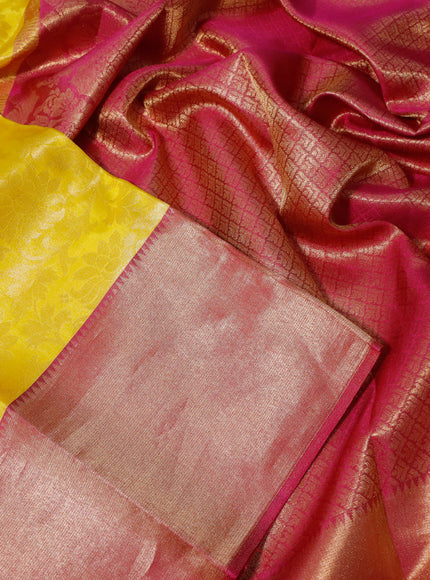 Pure kanchipuram tissue silk saree lime yellow and pink with allover zari woven brocade weaves and zari woven border