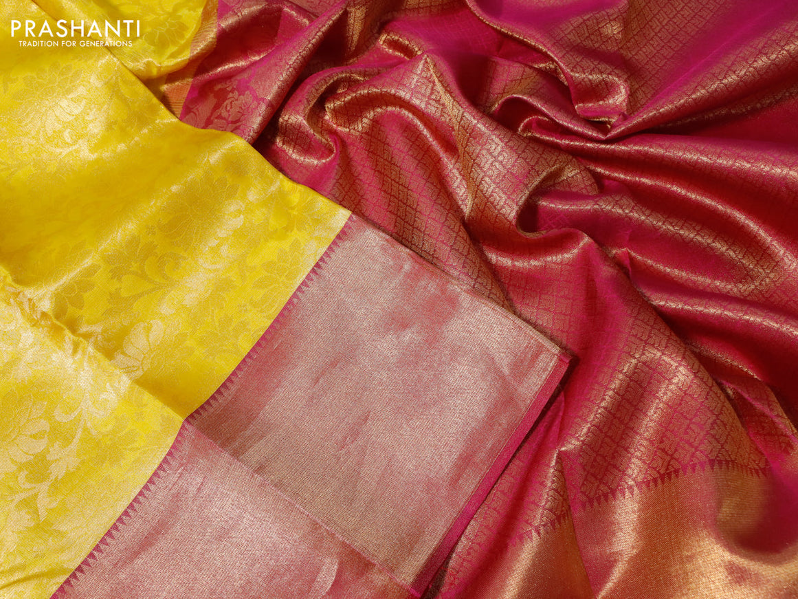 Pure kanchipuram tissue silk saree lime yellow and pink with allover zari woven brocade weaves and zari woven border