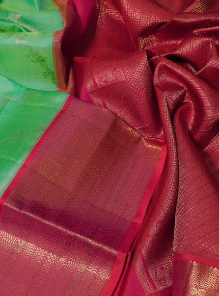 Pure kanchipuram silk saree light green and dual shade of pink with allover zari weaves and zari woven border