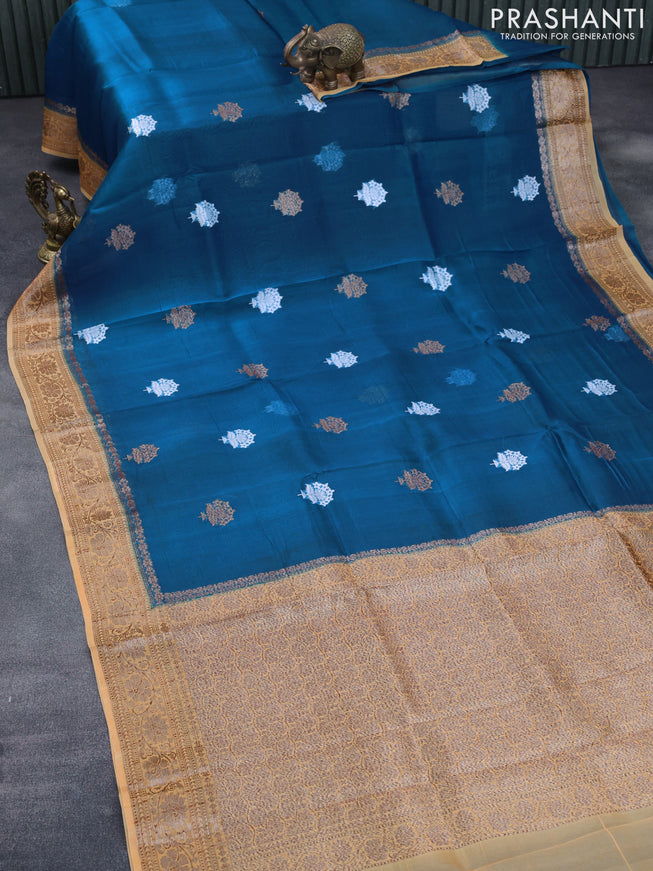 Banarasi organza silk saree peacock blue and yellow with thread & zari woven buttas and banarasi style border