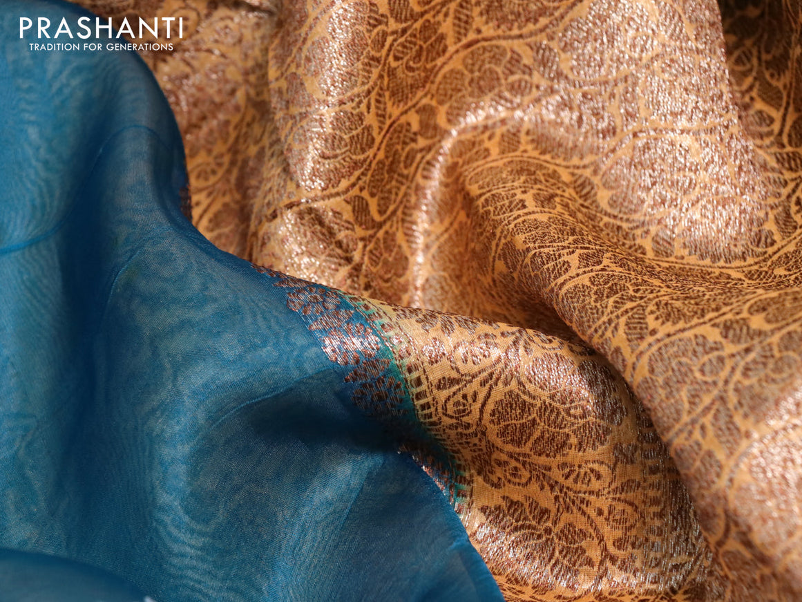 Banarasi organza silk saree peacock blue and yellow with thread & zari woven buttas and banarasi style border