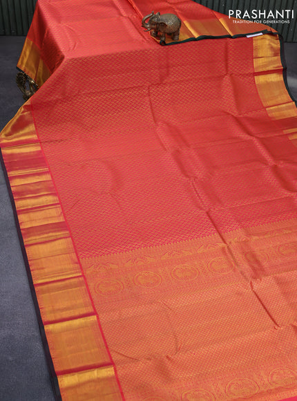 Pure kanchipuram silk saree dual shade of pinkish orange and dual shade of green with allover zari woven brocade weaves and zari woven border