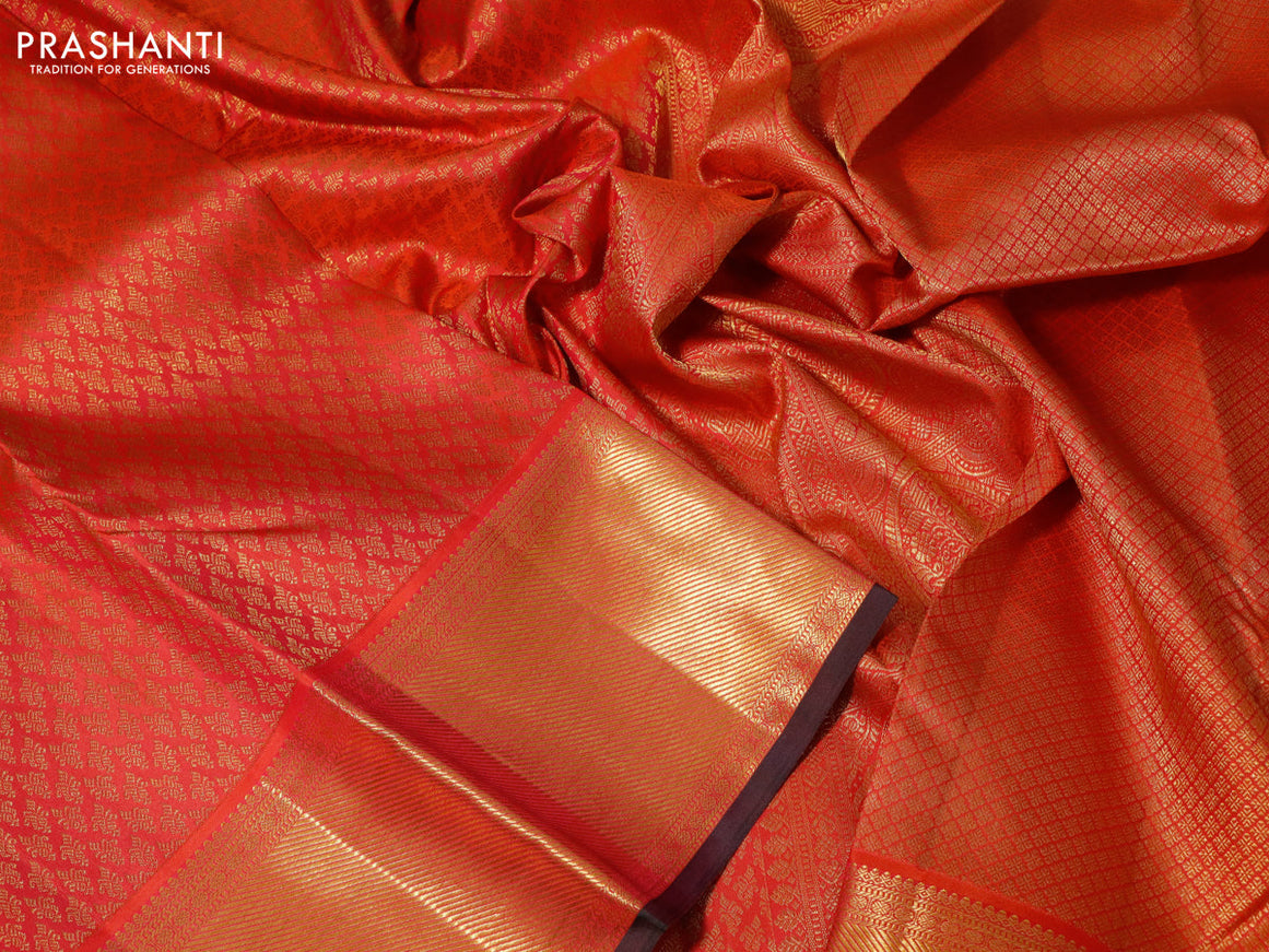 Pure kanchipuram silk saree dual shade of pinkish orange and dual shade of green with allover zari woven brocade weaves and zari woven border