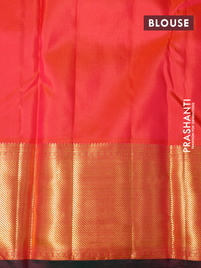 Pure kanchipuram silk saree dual shade of pinkish orange and dual shade of green with allover zari woven brocade weaves and zari woven border