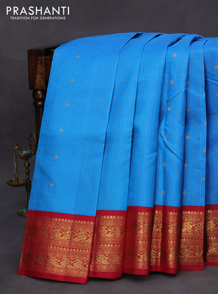 Pure kanchipuram silk saree cs blue and maroon with allover small zari checked patten and zari woven border