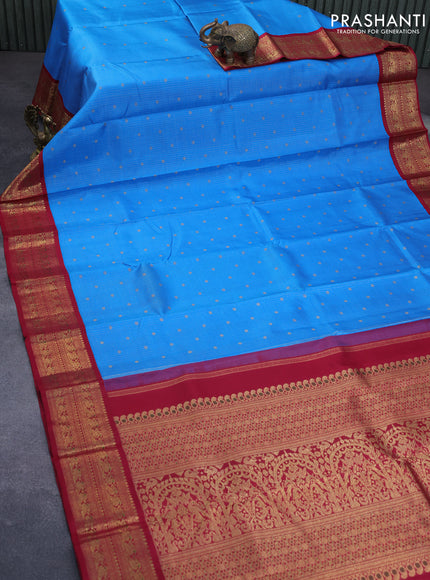 Pure kanchipuram silk saree cs blue and maroon with allover small zari checked patten and zari woven border