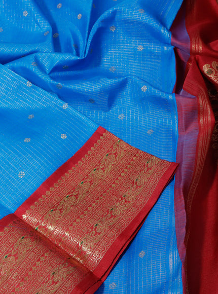 Pure kanchipuram silk saree cs blue and maroon with allover small zari checked patten and zari woven border