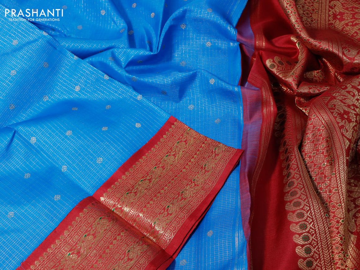 Pure kanchipuram silk saree cs blue and maroon with allover small zari checked patten and zari woven border