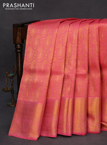 Pure kanchipuram silk saree candy pink with allover zari woven brocade weaves and zari woven border