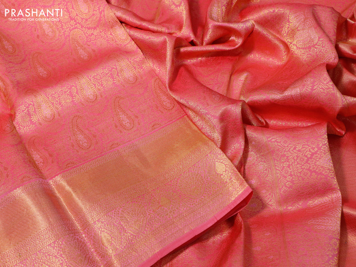 Pure kanchipuram silk saree candy pink with allover zari woven brocade weaves and zari woven border