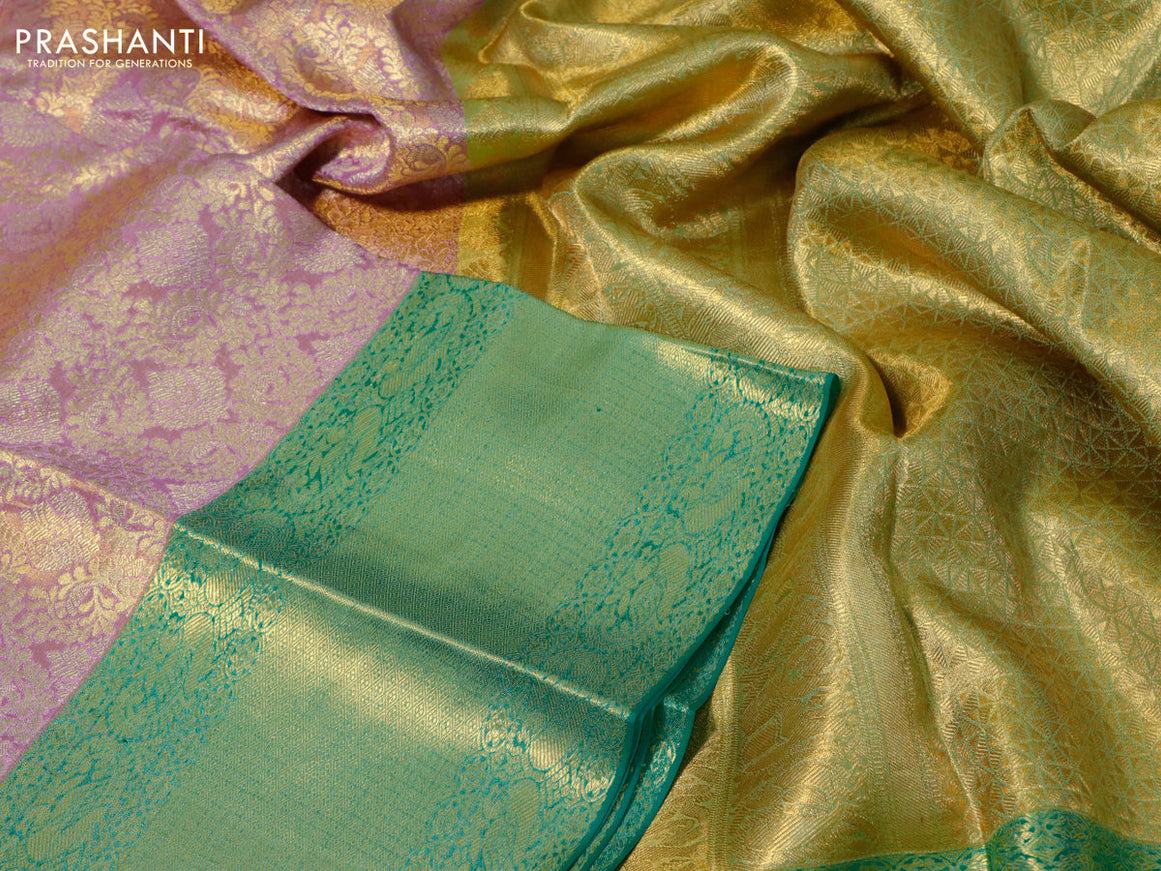 Pure kanchipuram tissue silk saree dual shade of lavender and teal green with allover zari woven brocade weaves and long zari woven border