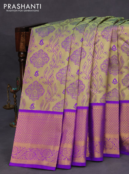 Pure kanchipuram tissue silk saree pastel green and violet with allover zari woven brocade weaves and long zari woven border