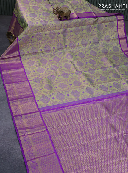 Pure kanchipuram tissue silk saree pastel green and violet with allover zari woven brocade weaves and long zari woven border