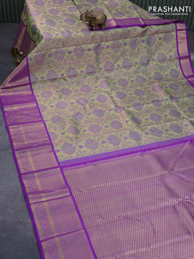 Pure kanchipuram tissue silk saree pastel green and violet with allover zari woven brocade weaves and long zari woven border