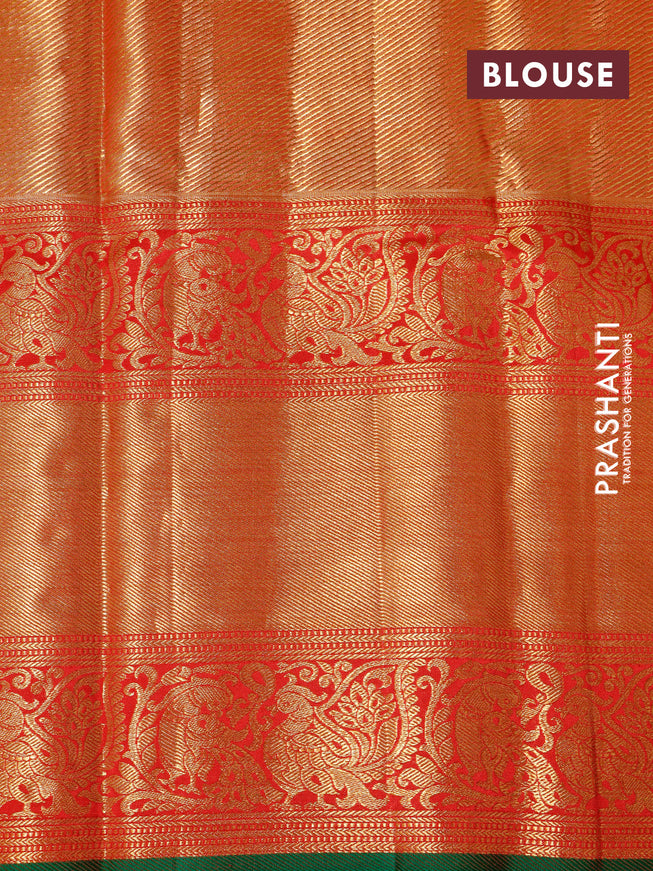 Pure kanchipuram tissue silk saree gold and red with allover zari woven brocade weaves and long annam zari woven border