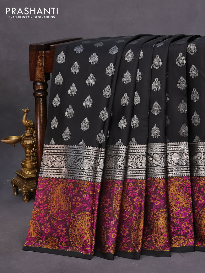 Pure kanchipuram silk saree black with allover silver zari woven buttas and long silver zari woven paisley border