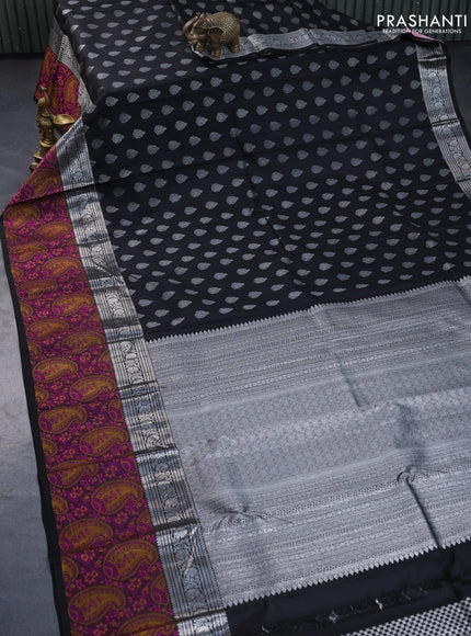 Pure kanchipuram silk saree black with allover silver zari woven buttas and long silver zari woven paisley border