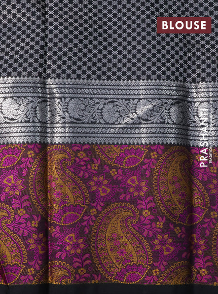 Pure kanchipuram silk saree black with allover silver zari woven buttas and long silver zari woven paisley border