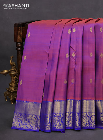 Pure kanchipuram silk saree dual shade of pinkish blue and blue with zari woven buttas and zari woven border