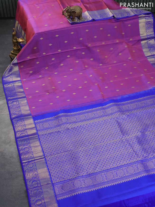 Pure kanchipuram silk saree dual shade of pinkish blue and blue with zari woven buttas and zari woven border