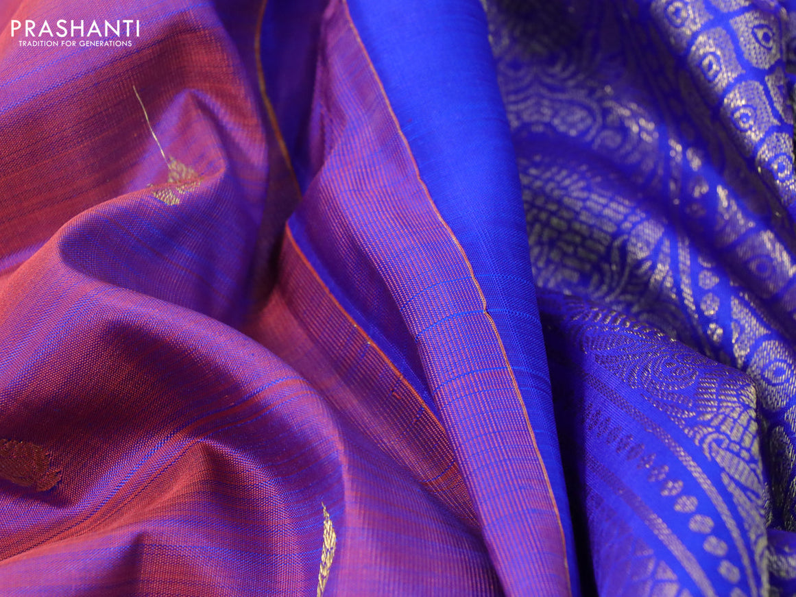 Pure kanchipuram silk saree dual shade of pinkish blue and blue with zari woven buttas and zari woven border