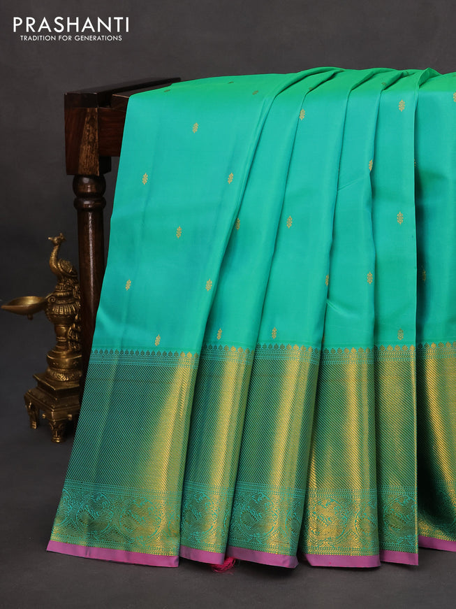 Pure kanchipuram silk saree dual shade of teal green and pink with zari woven buttas and long zari woven border