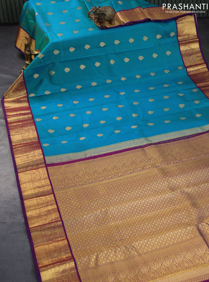 Pure kanchipuram silk saree dual shade of blue and purple with zari woven buttas and rich zari woven korvai border