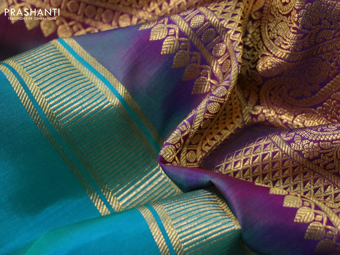 Pure kanchipuram silk saree dual shade of blue and purple with zari woven buttas and rich zari woven korvai border