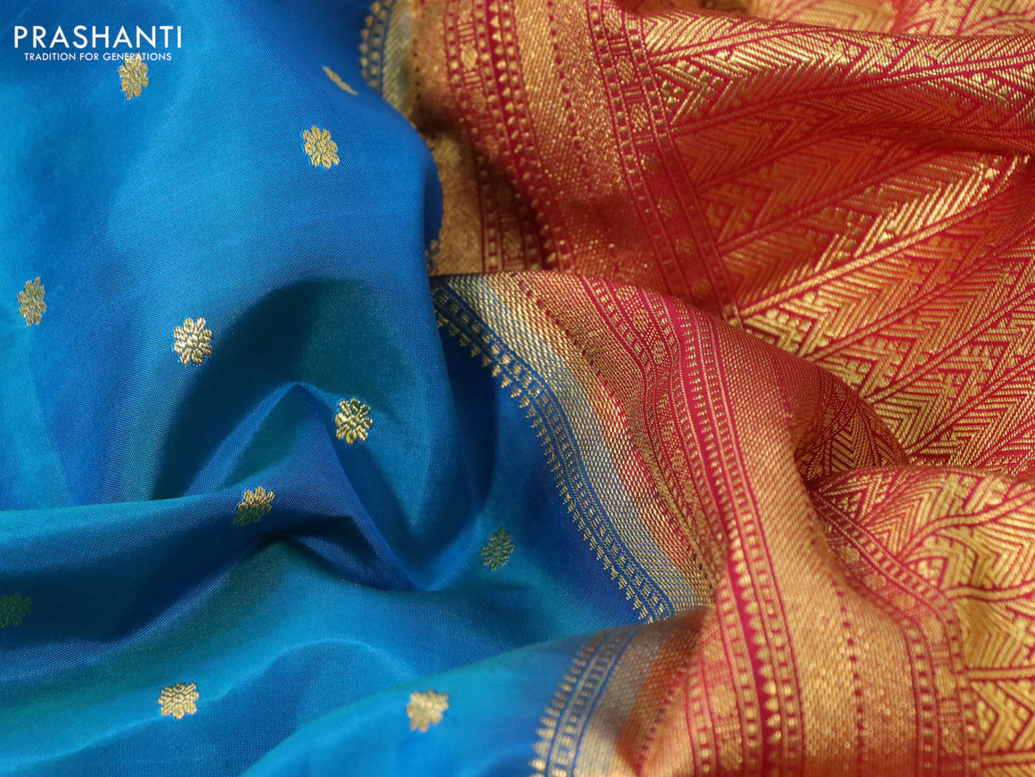 Pure kanchipuram silk saree teal blue shade and dark pink with zari woven buttas and rich zari woven korvai border