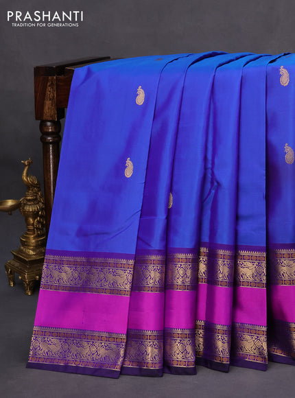 Pure kanchipuram silk saree blue with paisley zari woven buttas and ganga jamuna border