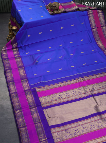 Pure kanchipuram silk saree blue with paisley zari woven buttas and ganga jamuna border