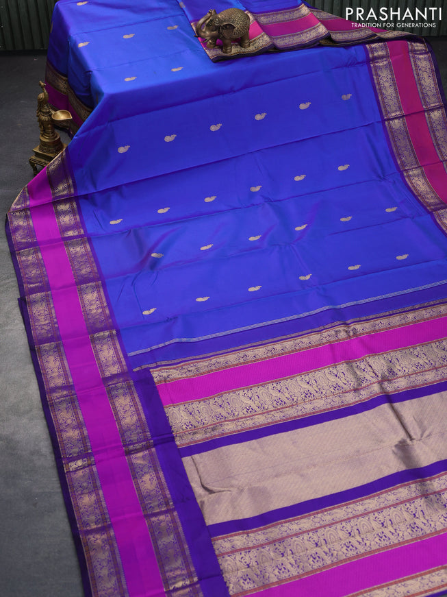 Pure kanchipuram silk saree blue with paisley zari woven buttas and ganga jamuna border