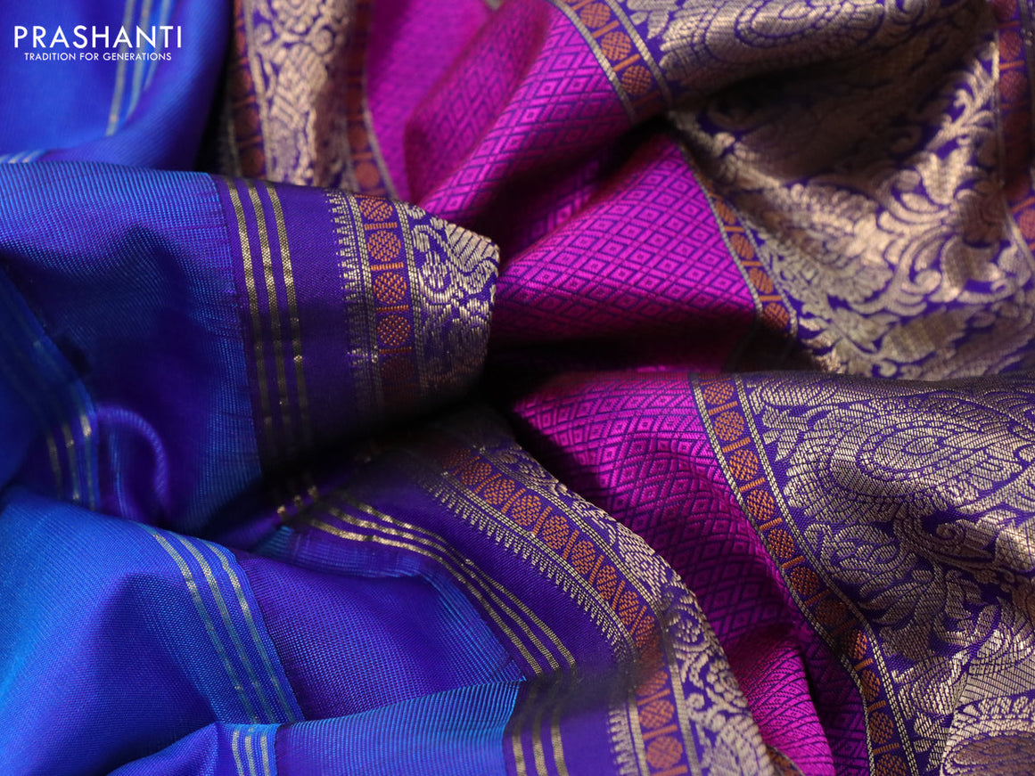 Pure kanchipuram silk saree blue with paisley zari woven buttas and ganga jamuna border