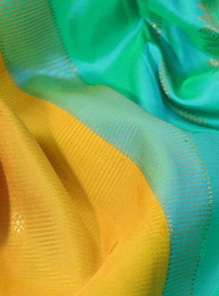 Pure kanchipuram silk saree yellow and teal green with zari woven buttas and rich zari woven border