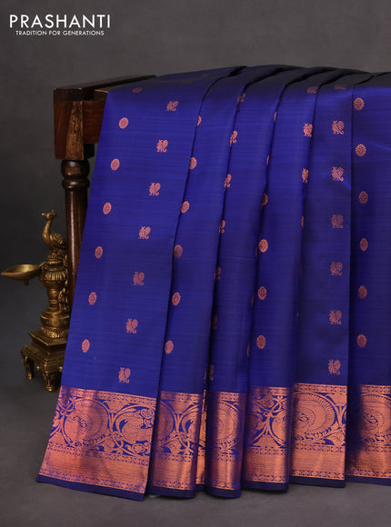 Pure kanchipuram silk saree blue with annam & rudhraksha copper zari woven buttas and copper zari woven vanasingam border