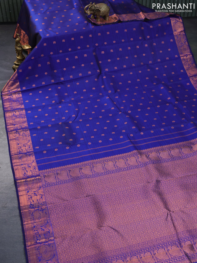 Pure kanchipuram silk saree blue with annam & rudhraksha copper zari woven buttas and copper zari woven vanasingam border