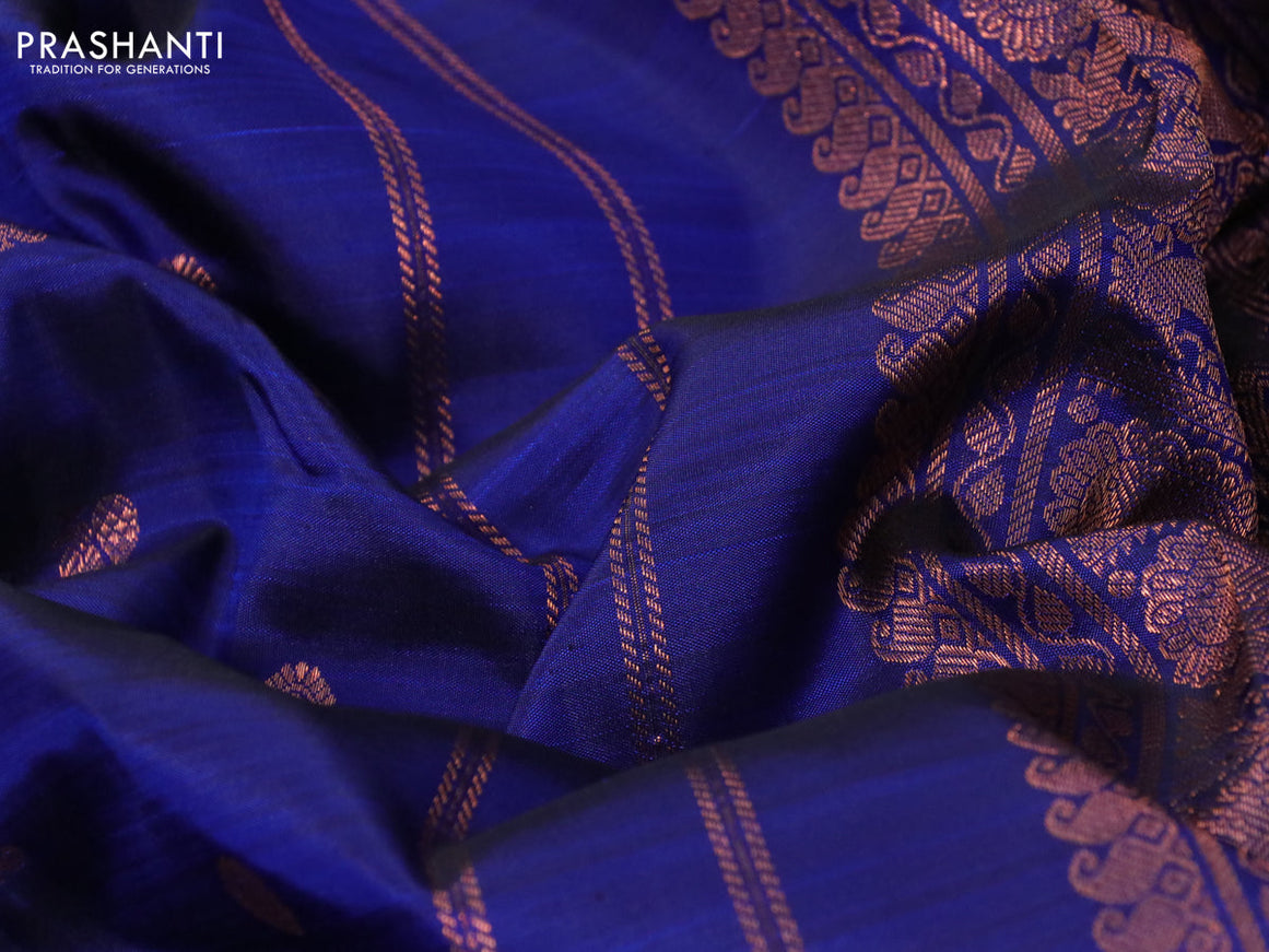 Pure kanchipuram silk saree blue with annam & rudhraksha copper zari woven buttas and copper zari woven vanasingam border