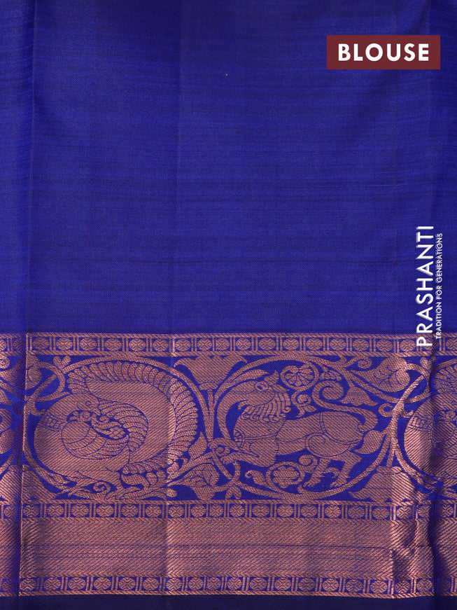 Pure kanchipuram silk saree blue with annam & rudhraksha copper zari woven buttas and copper zari woven vanasingam border