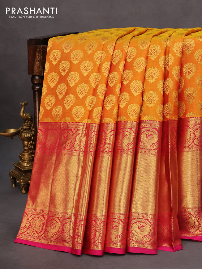 Pure kanchipuram silk saree dark mustard and pink with allover zari woven butta weaves and long rich zari woven border