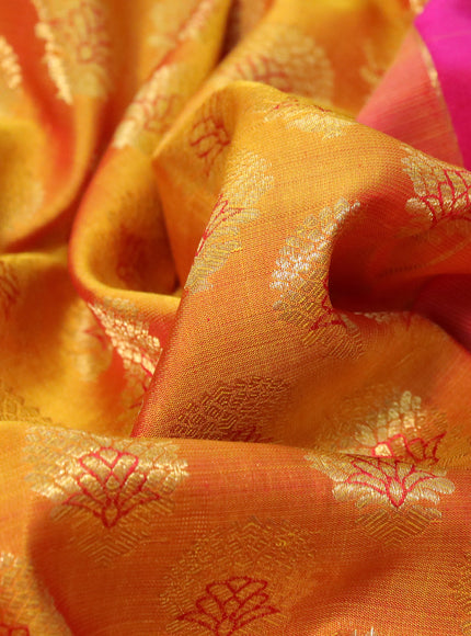 Pure kanchipuram silk saree dark mustard and pink with allover zari woven butta weaves and long rich zari woven border