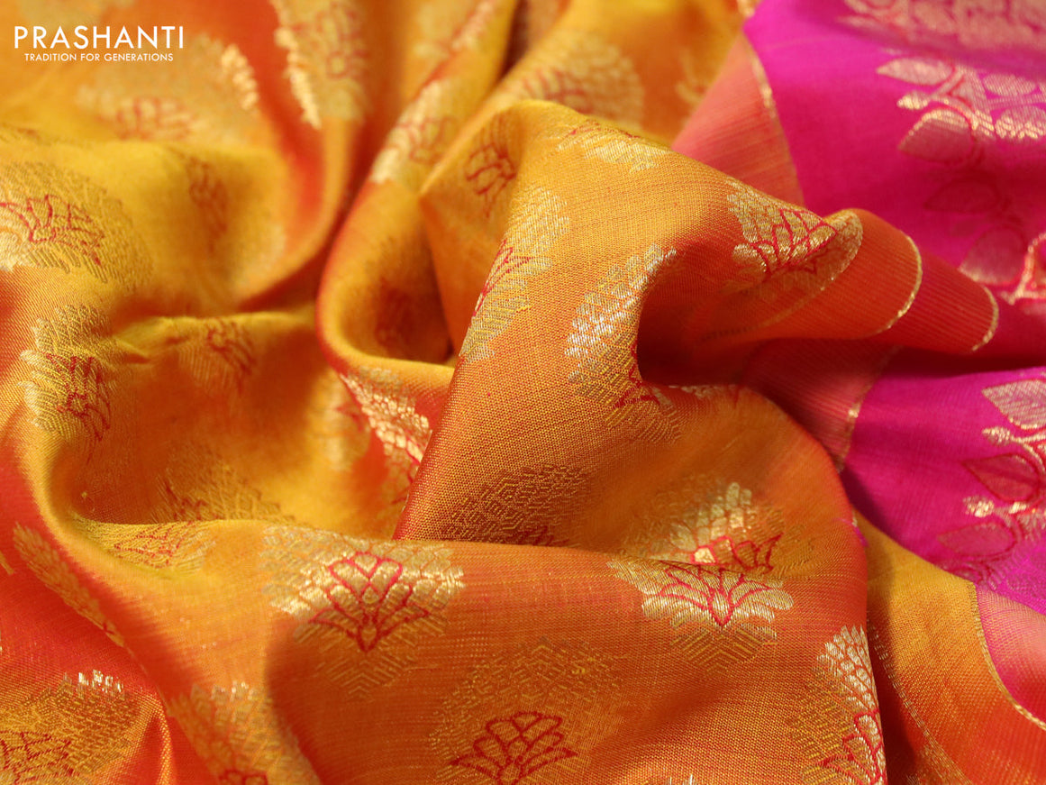 Pure kanchipuram silk saree dark mustard and pink with allover zari woven butta weaves and long rich zari woven border