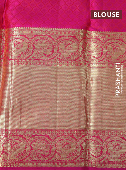 Pure kanchipuram silk saree dark mustard and pink with allover zari woven butta weaves and long rich zari woven border