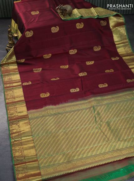 Pure kanchipuram silk saree deep maroon and dual shade of green with zari woven buttas and rich zari woven border